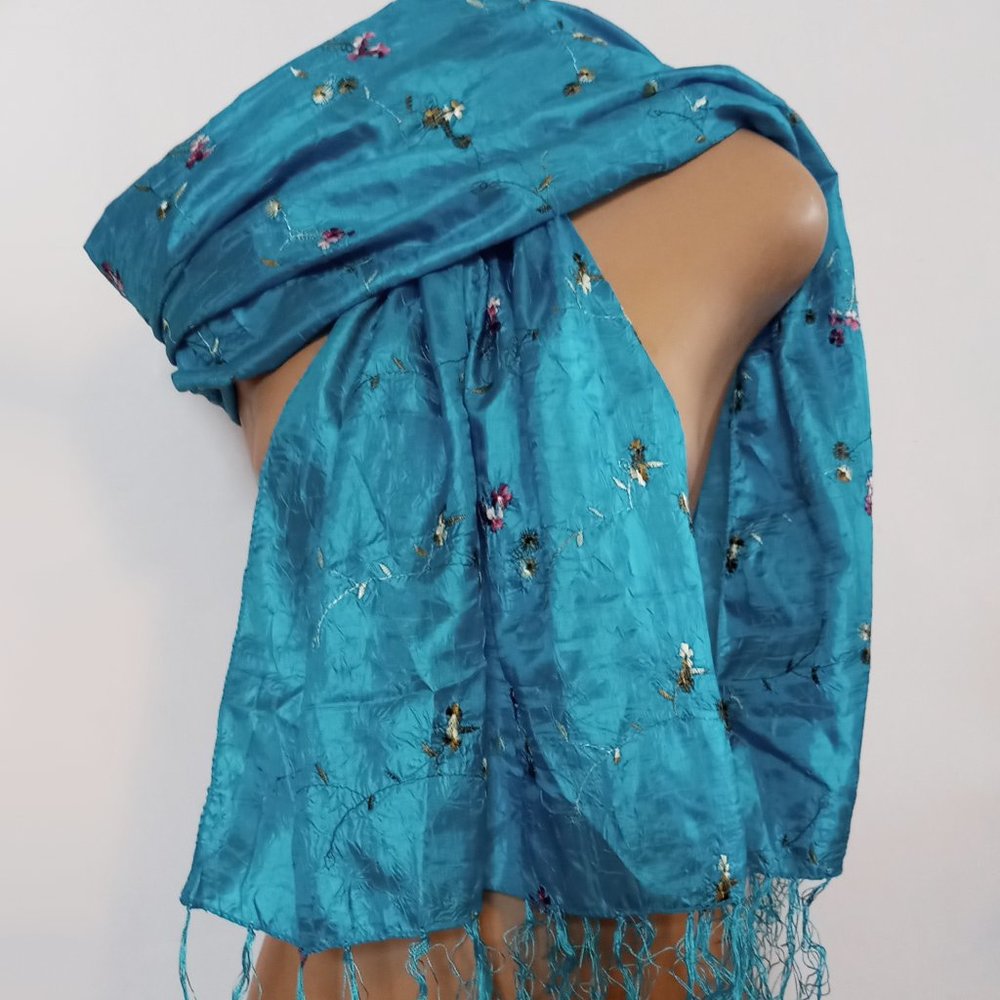 Silk embroidery bluevscarf